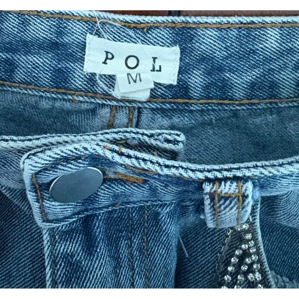 POL Distressed Light Blue Denim Jean Shorts with Silver Fringe - Picture 5 of 6